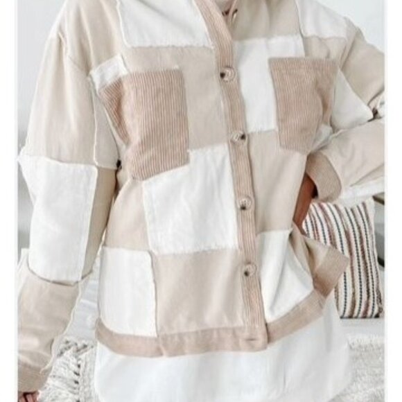 Polagram Beige-White Patchwork Button-Up Corduroy-Cotton Sachet Oversized  S - Picture 1 of 8